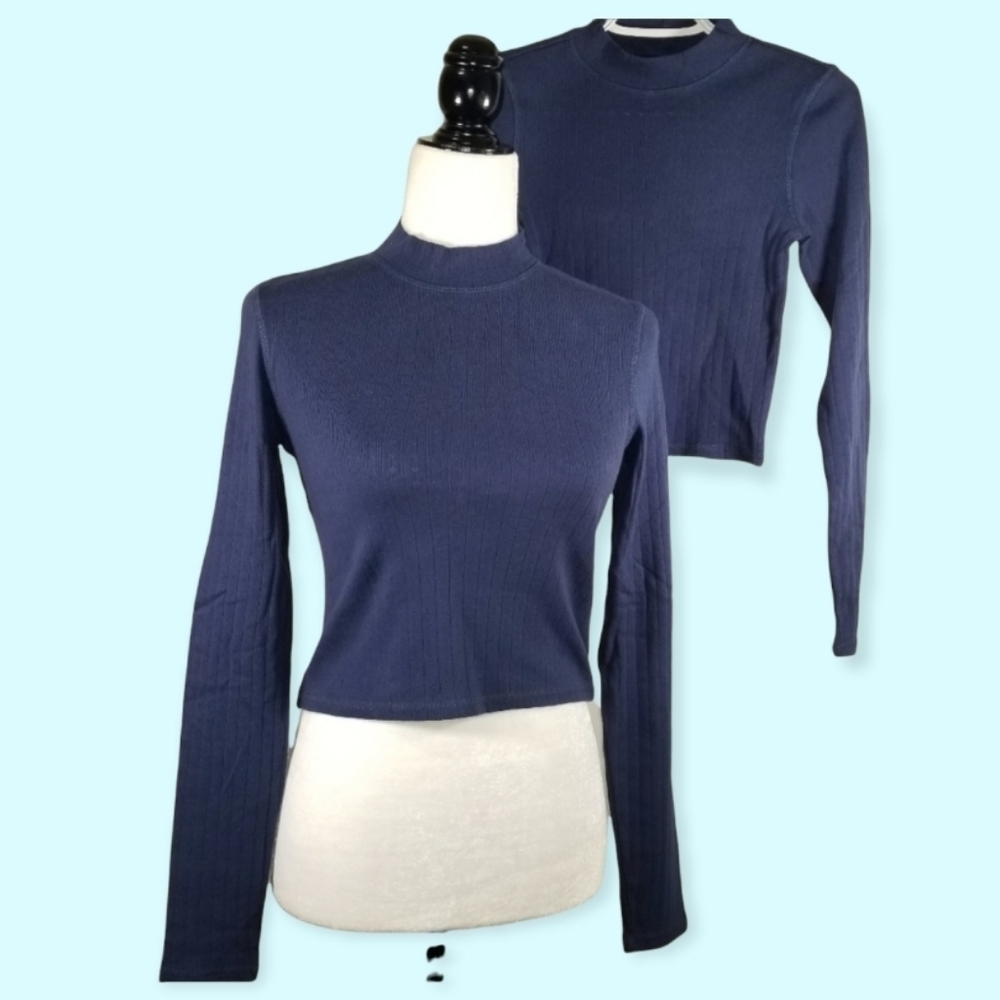 American Eagle Women's Top Navy Blue Long Sleeve Crop Cotton Knit